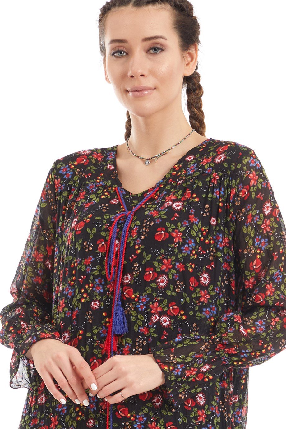 Şile Bezi Siyah Uzun Kol Vual Çiçek Desenli Elbise 