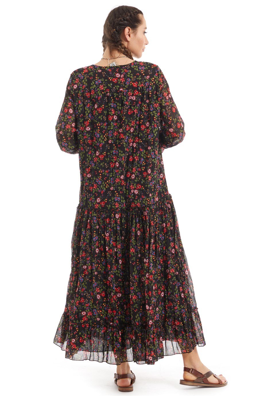 Şile Bezi Siyah Uzun Kol Vual Çiçek Desenli Elbise 