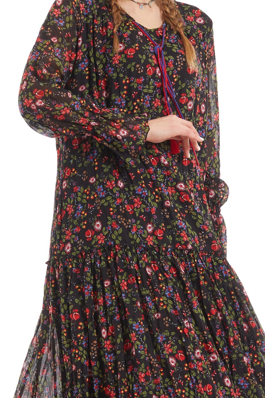 Şile Bezi Siyah Uzun Kol Vual Çiçek Desenli Elbise 