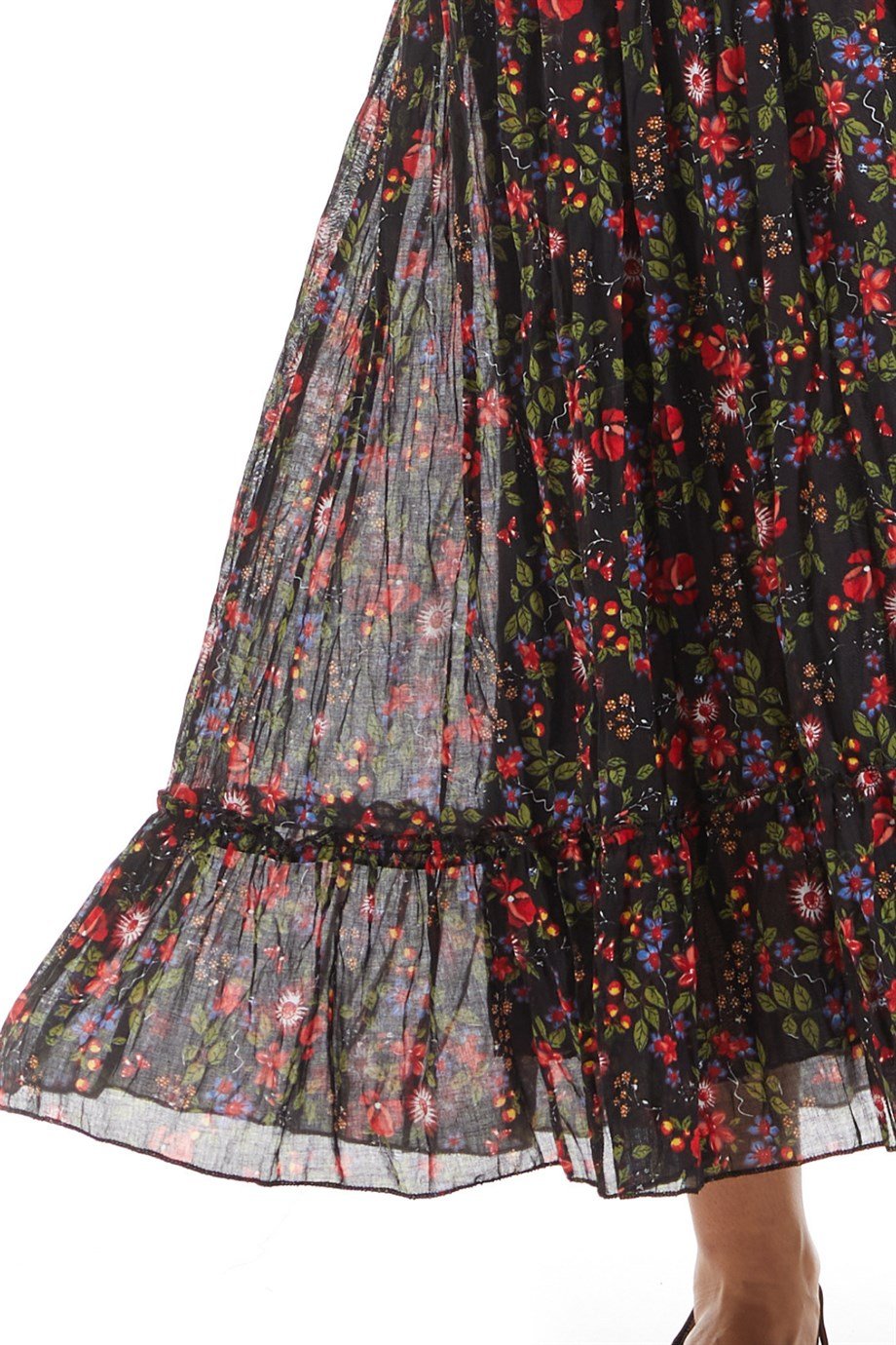 Şile Bezi Siyah Uzun Kol Vual Çiçek Desenli Elbise 