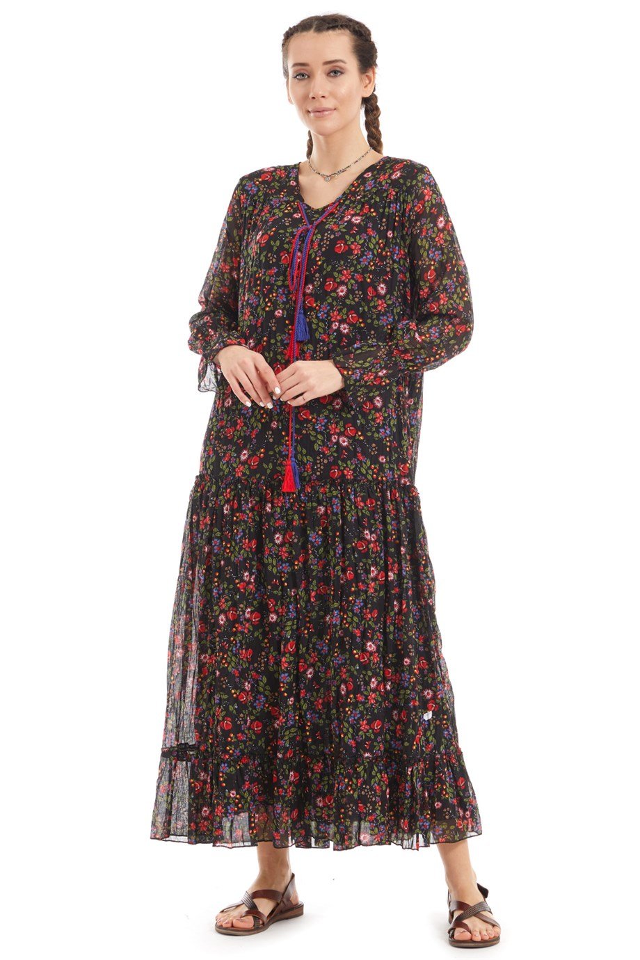 Şile Bezi Siyah Uzun Kol Vual Çiçek Desenli Elbise 