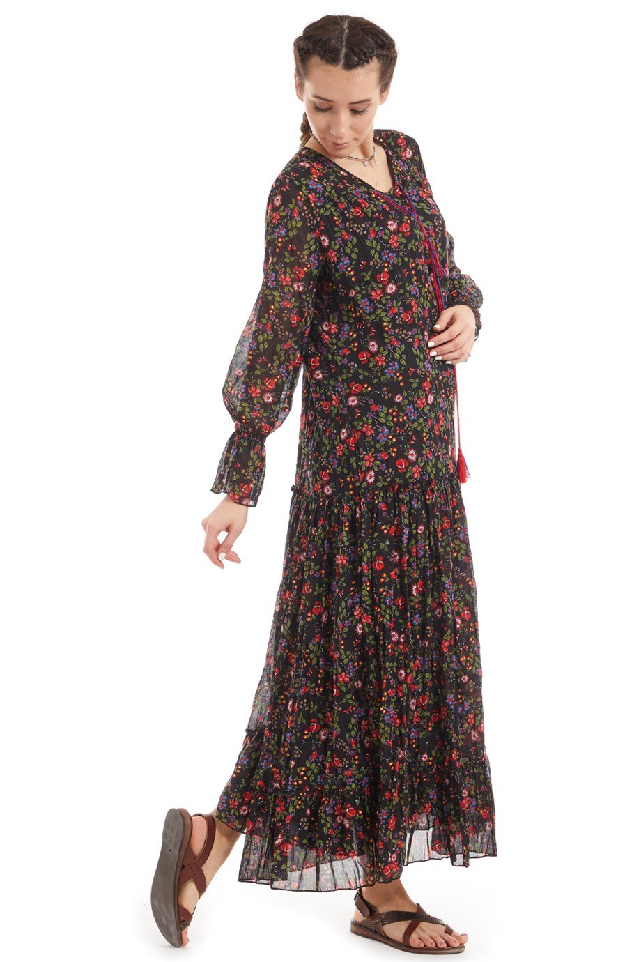 Şile Bezi Siyah Uzun Kol Vual Çiçek Desenli Elbise 