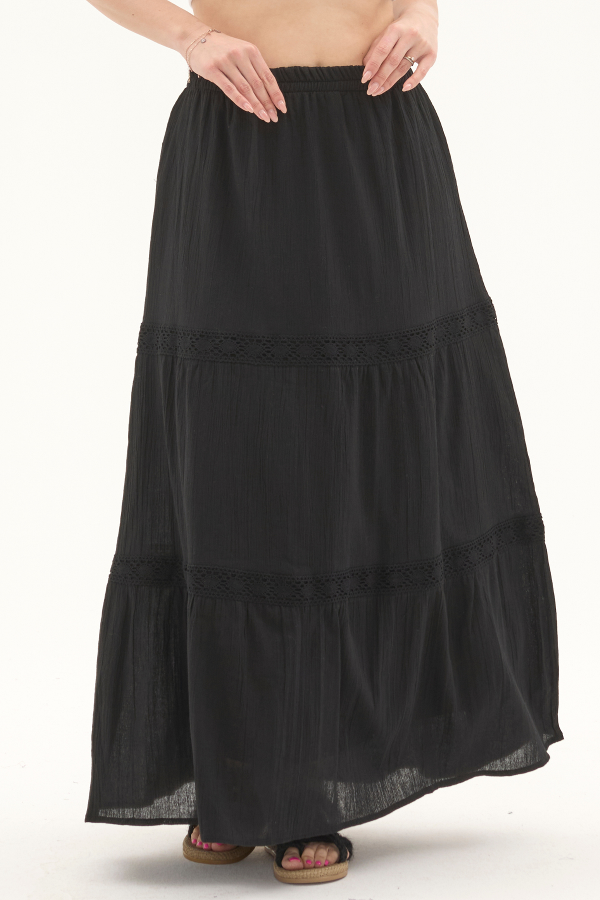Şile Bezi Siyah Uzun Yazlık Dantelli Etek