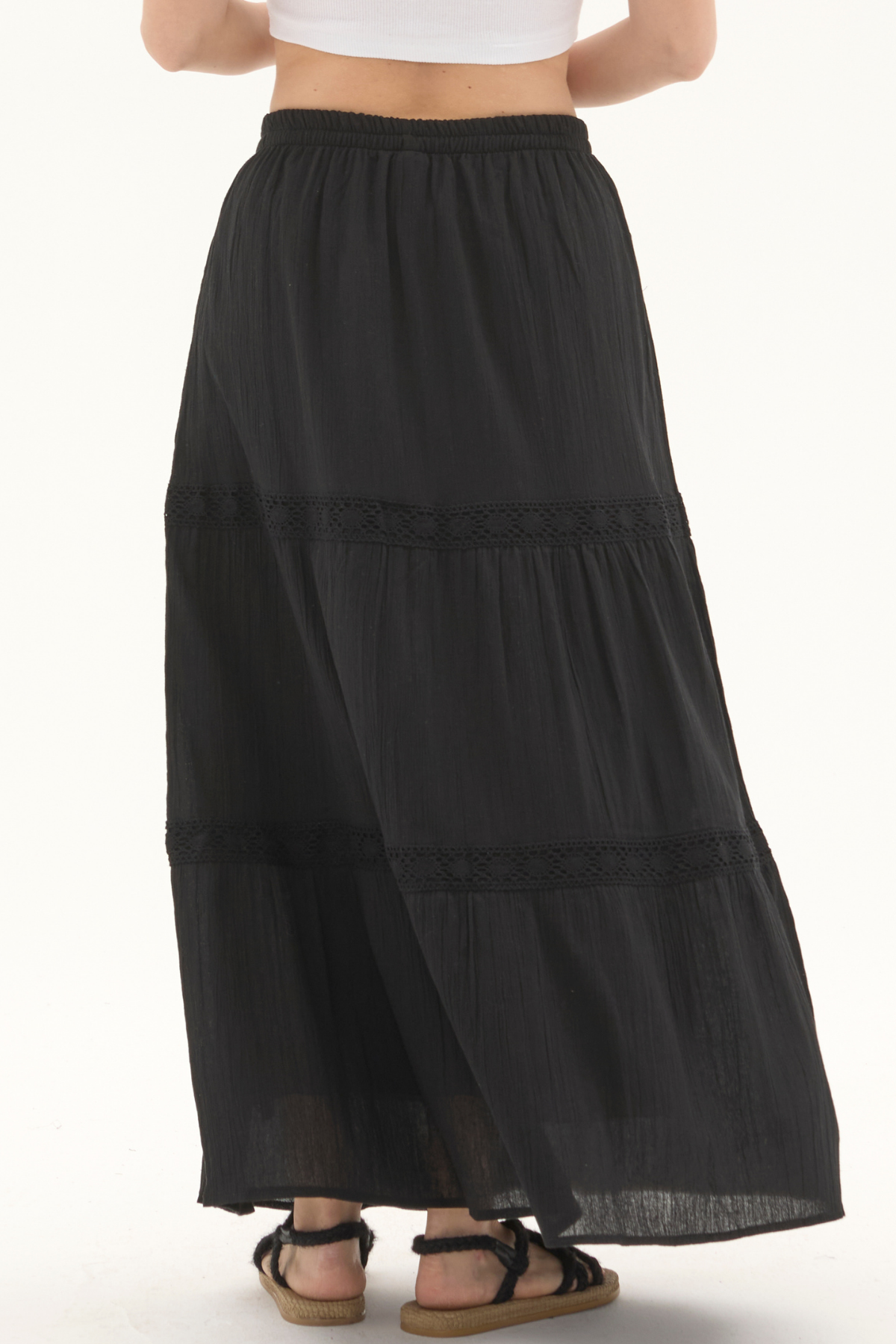 Şile Bezi Siyah Uzun Yazlık Dantelli Etek