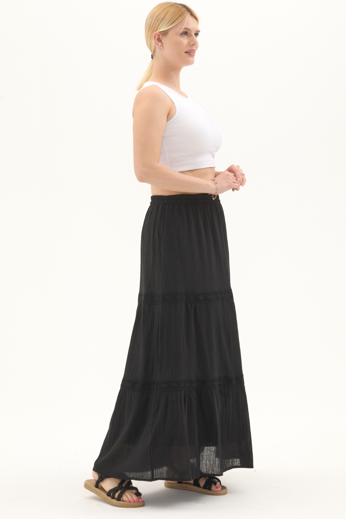 Şile Bezi Siyah Uzun Yazlık Dantelli Etek