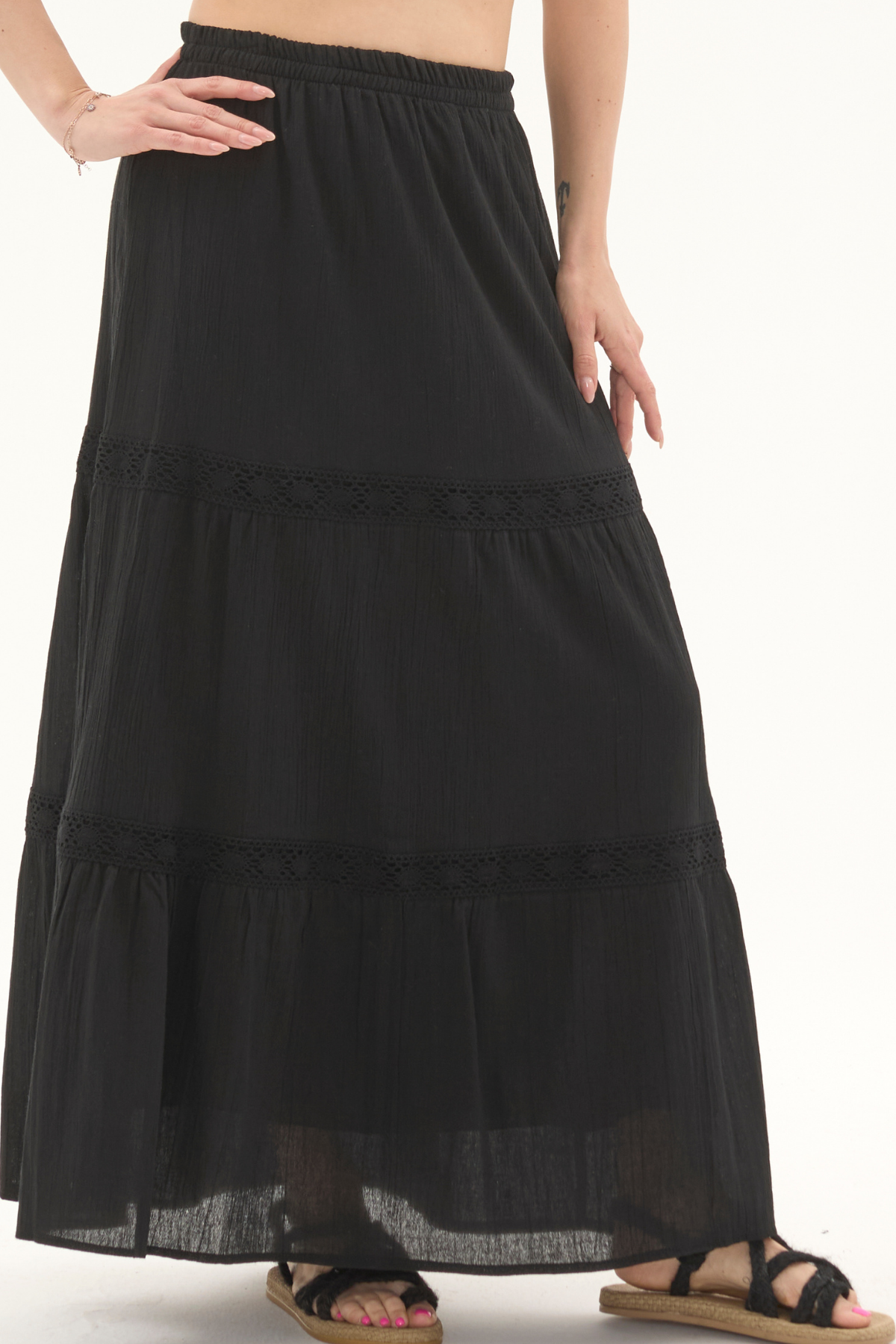 Şile Bezi Siyah Uzun Yazlık Dantelli Etek