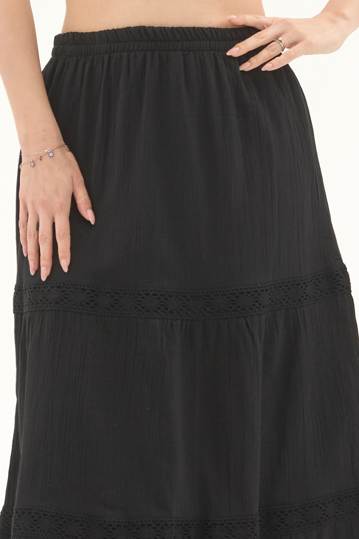 Şile Bezi Siyah Uzun Yazlık Dantelli Etek