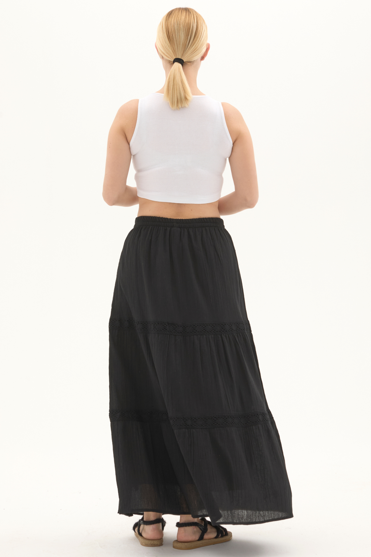 Şile Bezi Siyah Uzun Yazlık Dantelli Etek