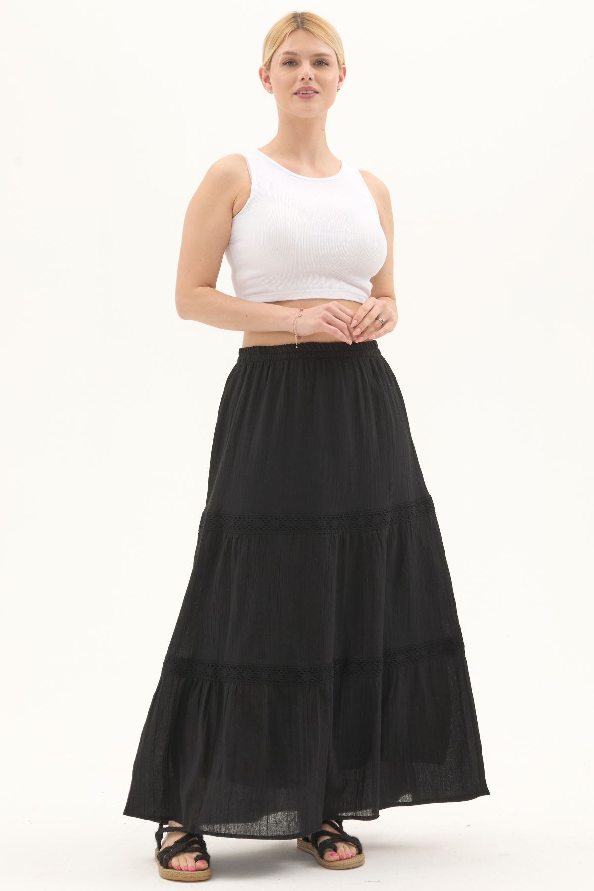 Şile Bezi Siyah Uzun Yazlık Dantelli Etek