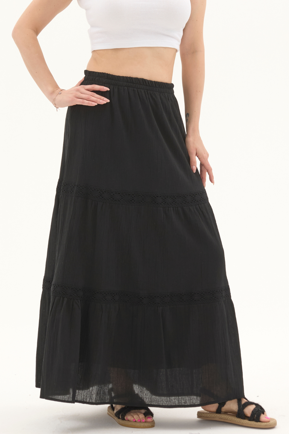 Şile Bezi Siyah Uzun Yazlık Dantelli Etek