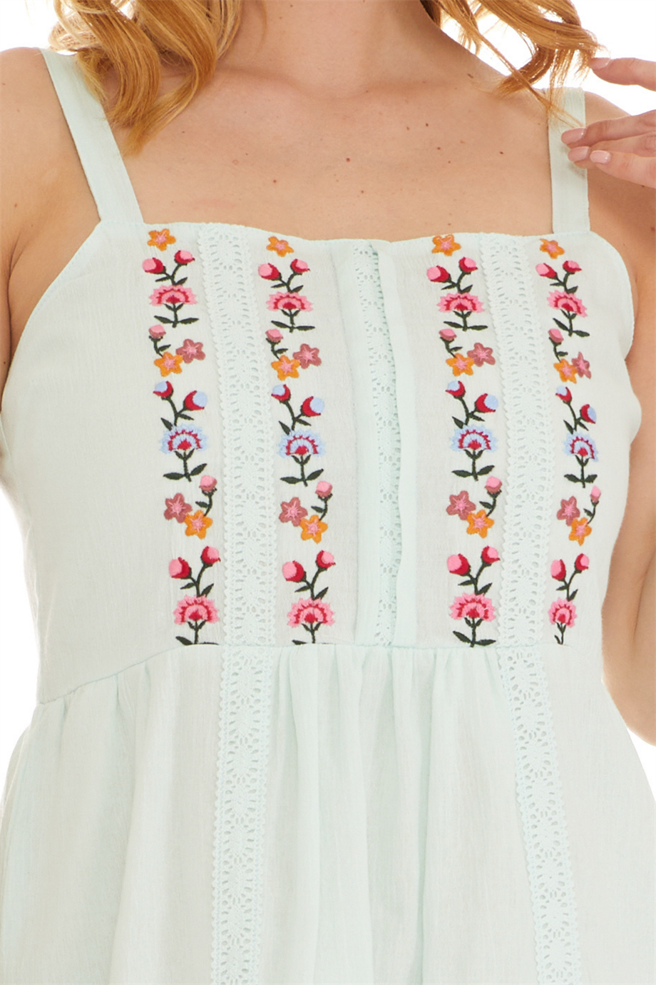 Şile Bezi Su Yeşili Askılı Çiçekli Kısa Elbise