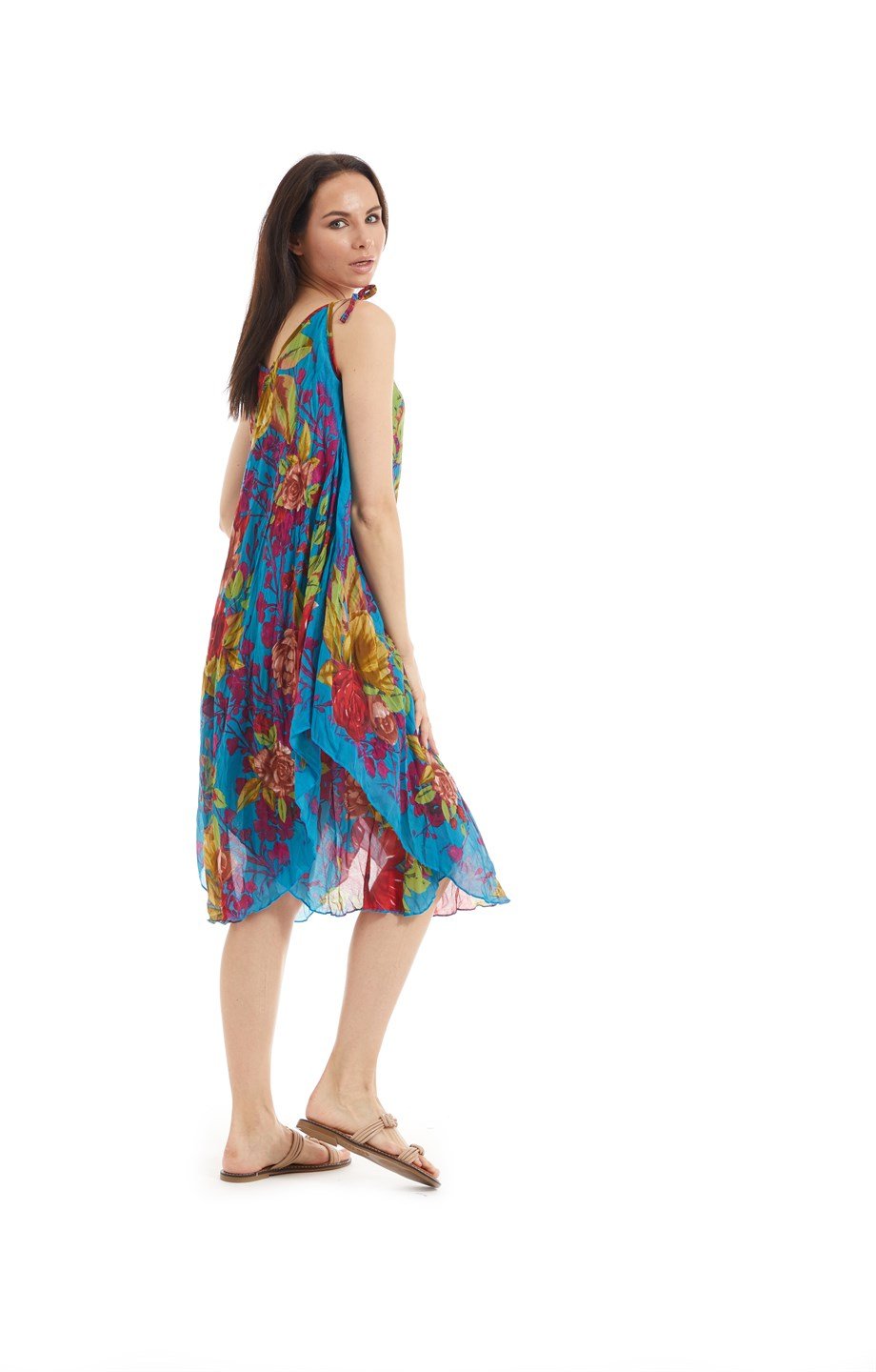 Şile Bezi Turkuaz Çiçek Desen  Vual Elbise 