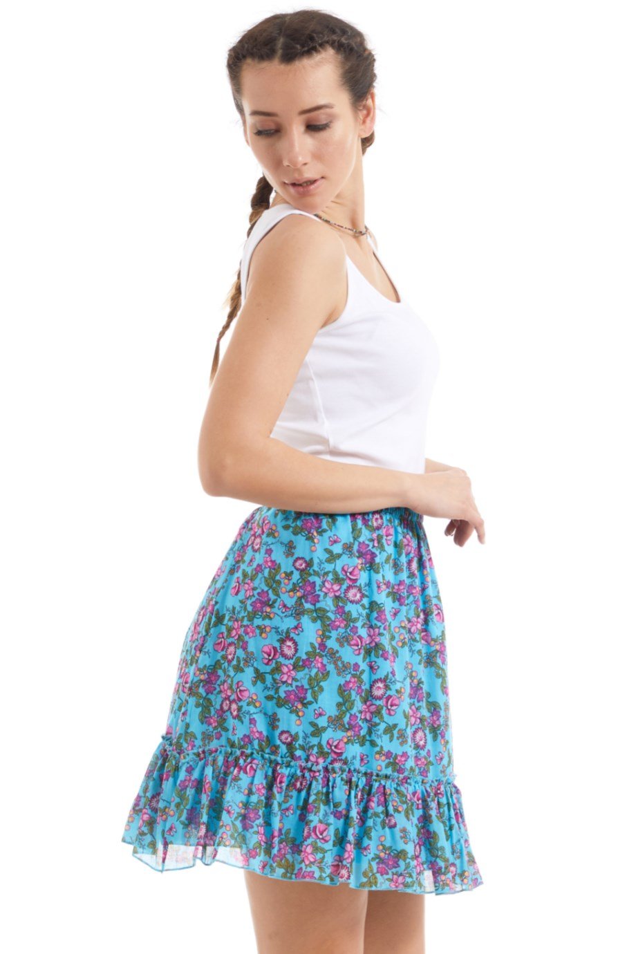 Şile Bezi Turkuaz Tomurcuk Vual Kısa Etek