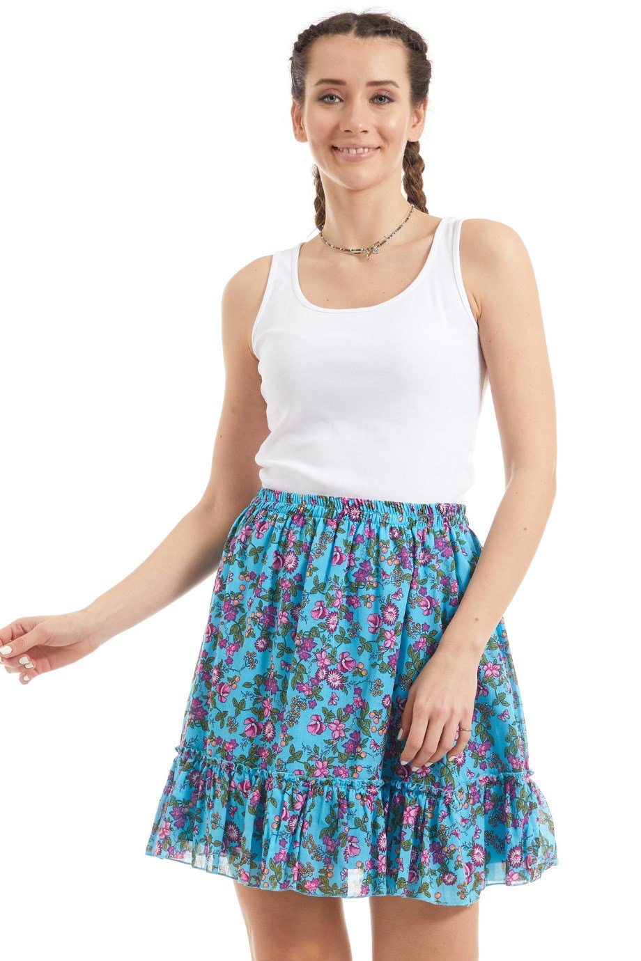 Şile Bezi Turkuaz Tomurcuk Vual Kısa Etek