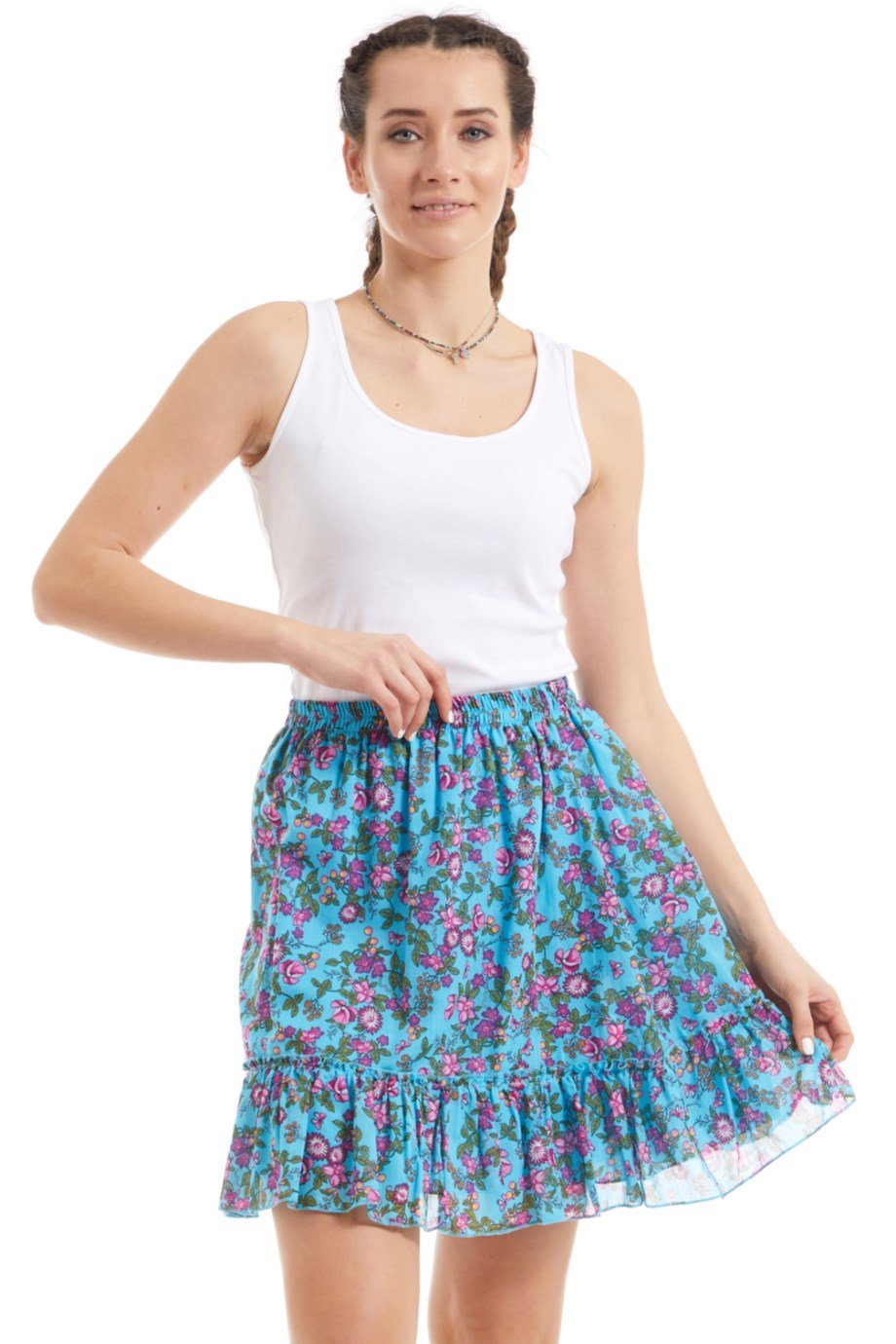 Şile Bezi Turkuaz Tomurcuk Vual Kısa Etek