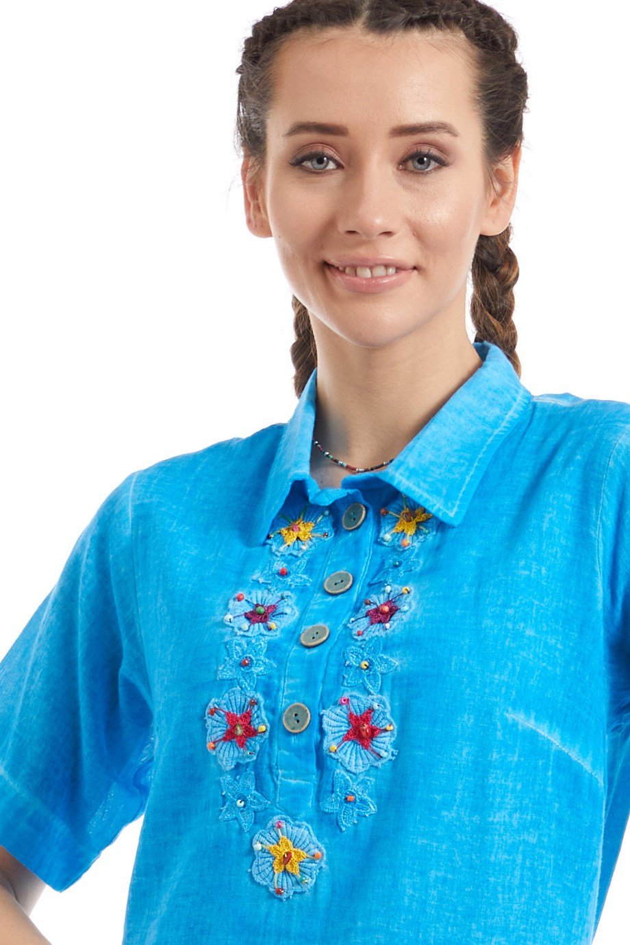 Şile Bezi Turkuaz Yıldız İşleme Detaylı  Elbise