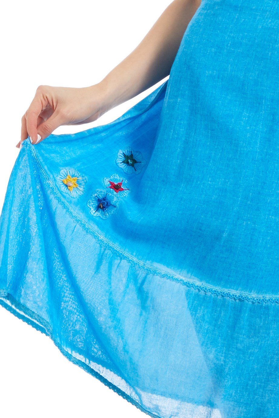 Şile Bezi Turkuaz Yıldız İşleme Detaylı  Elbise