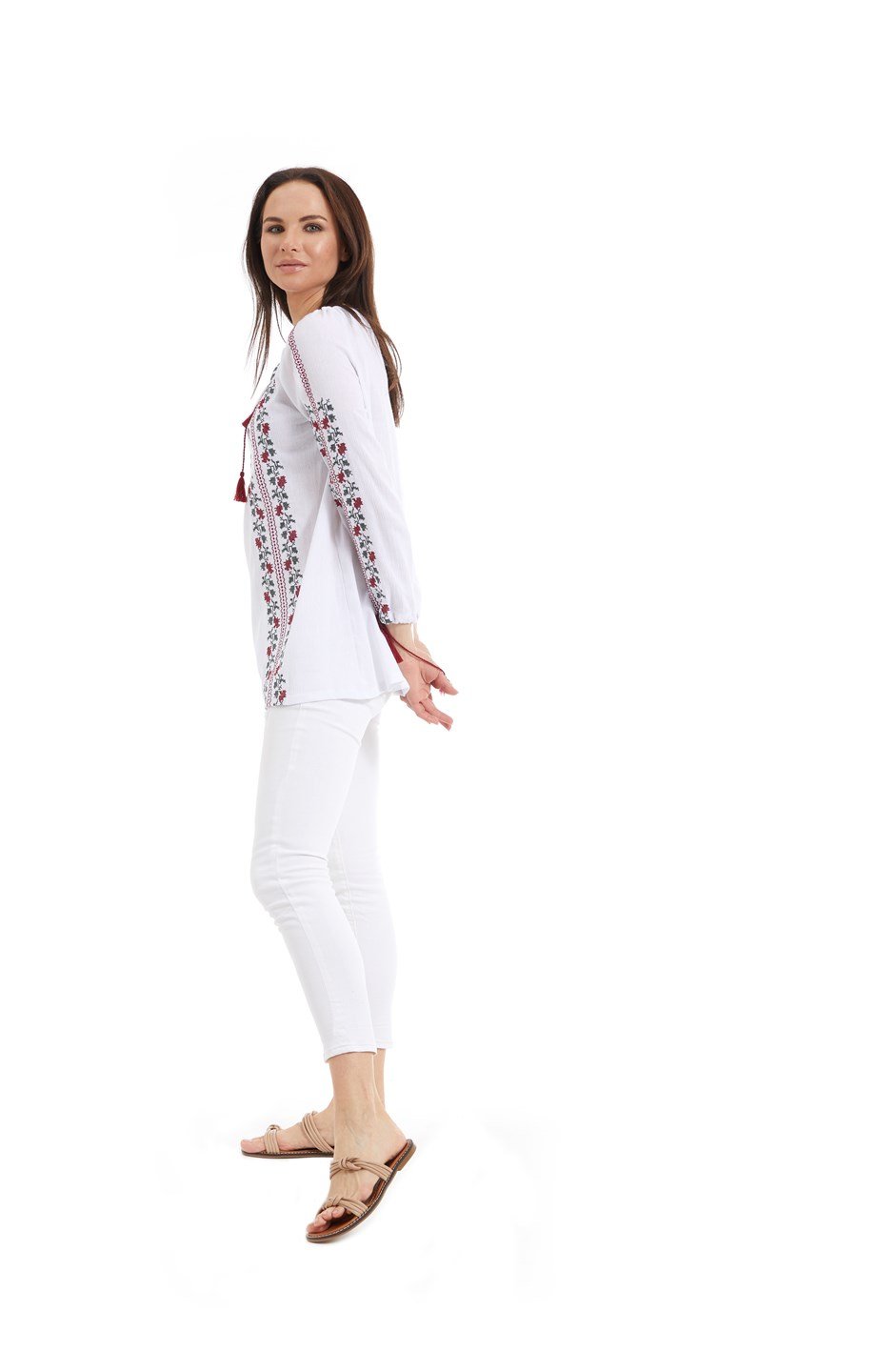 Şile Bezi Uzun Kol Beyaz Nakışlı Bluz