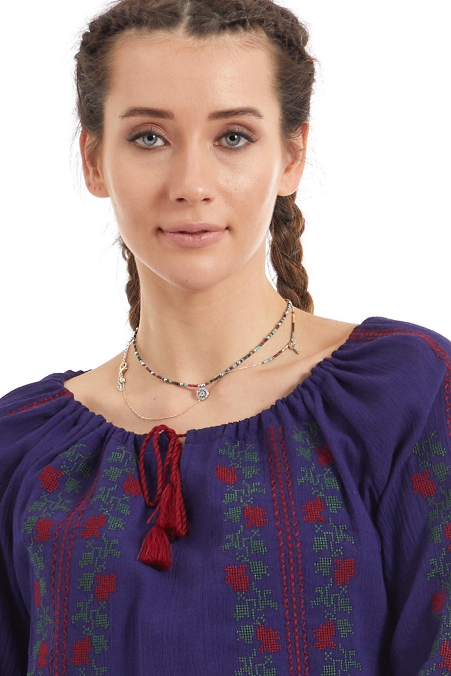 Şile Bezi Uzun Kol Mor Nakışlı Bluz