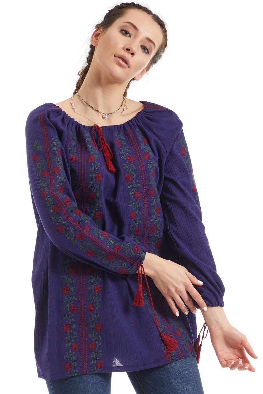 Şile Bezi Uzun Kol Mor Nakışlı Bluz