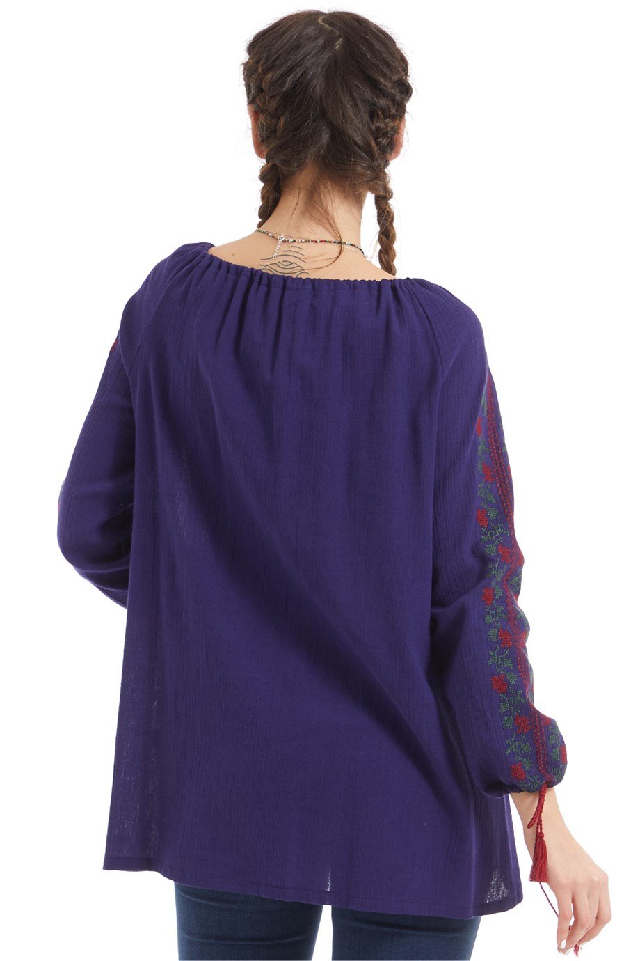 Şile Bezi Uzun Kol Mor Nakışlı Bluz