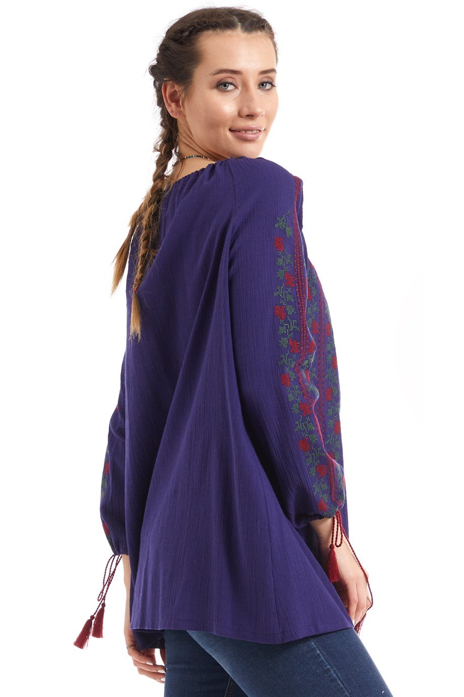 Şile Bezi Uzun Kol Mor Nakışlı Bluz