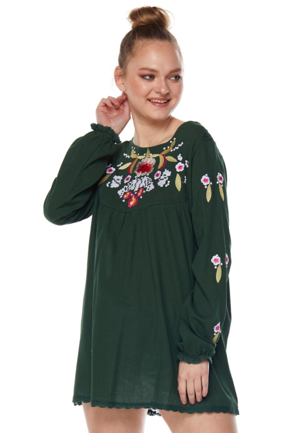 Şile Bezi Uzun Kol Yeşil Nakışlı Bluz