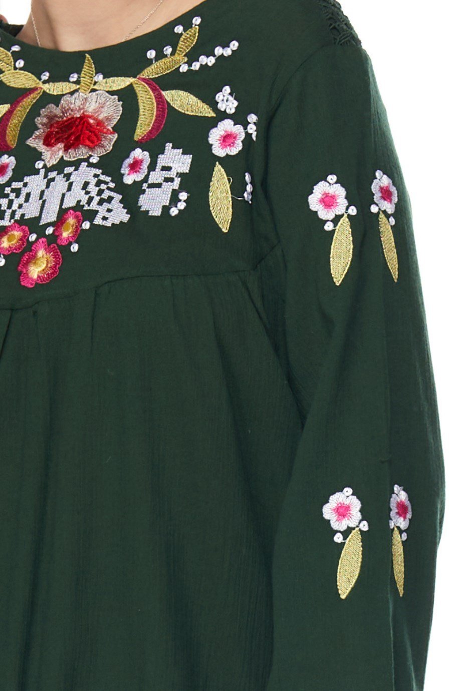 Şile Bezi Uzun Kol Yeşil Nakışlı Bluz