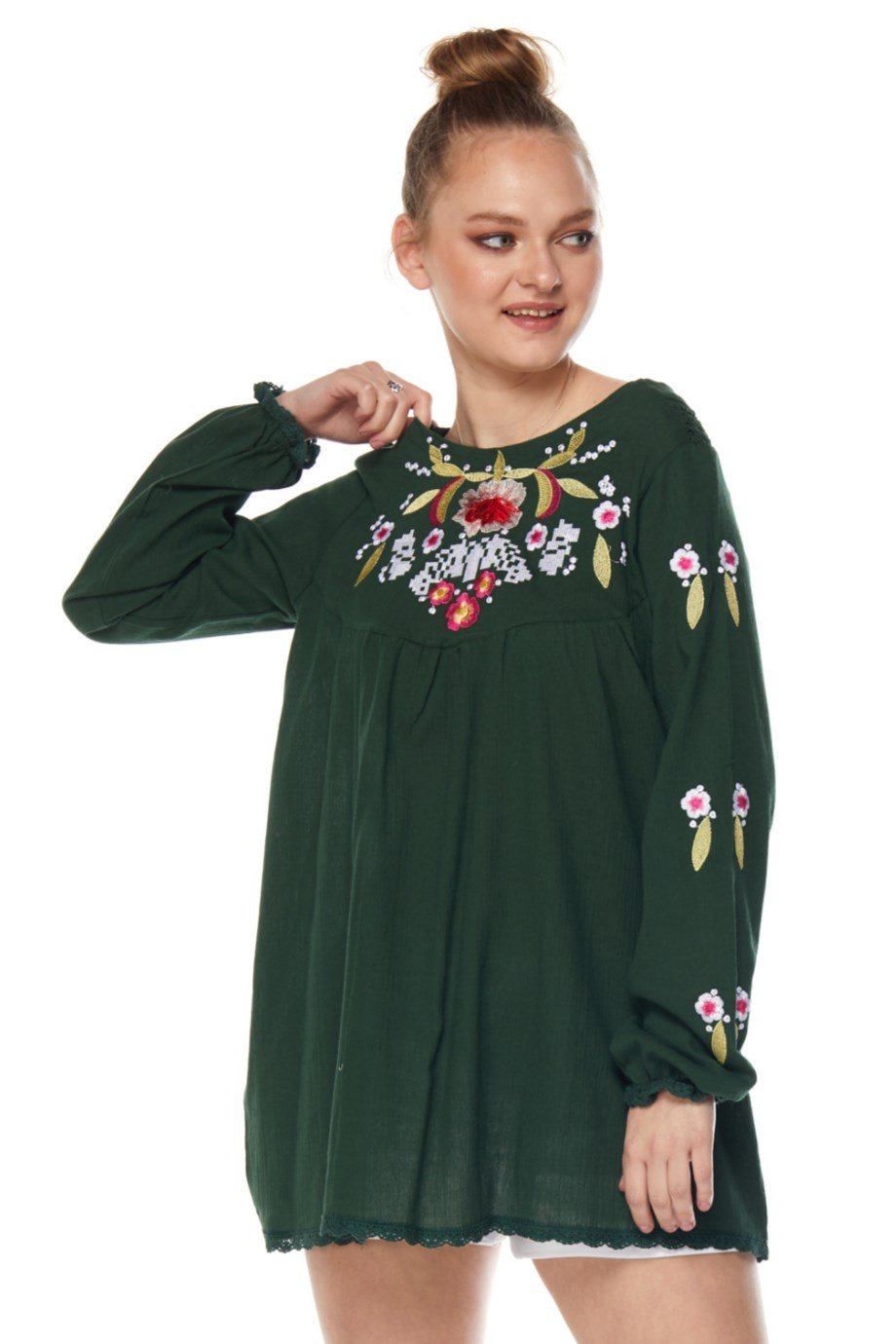 Şile Bezi Uzun Kol Yeşil Nakışlı Bluz