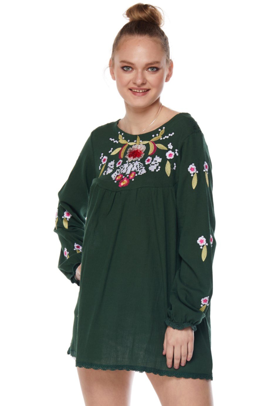 Şile Bezi Uzun Kol Yeşil Nakışlı Bluz