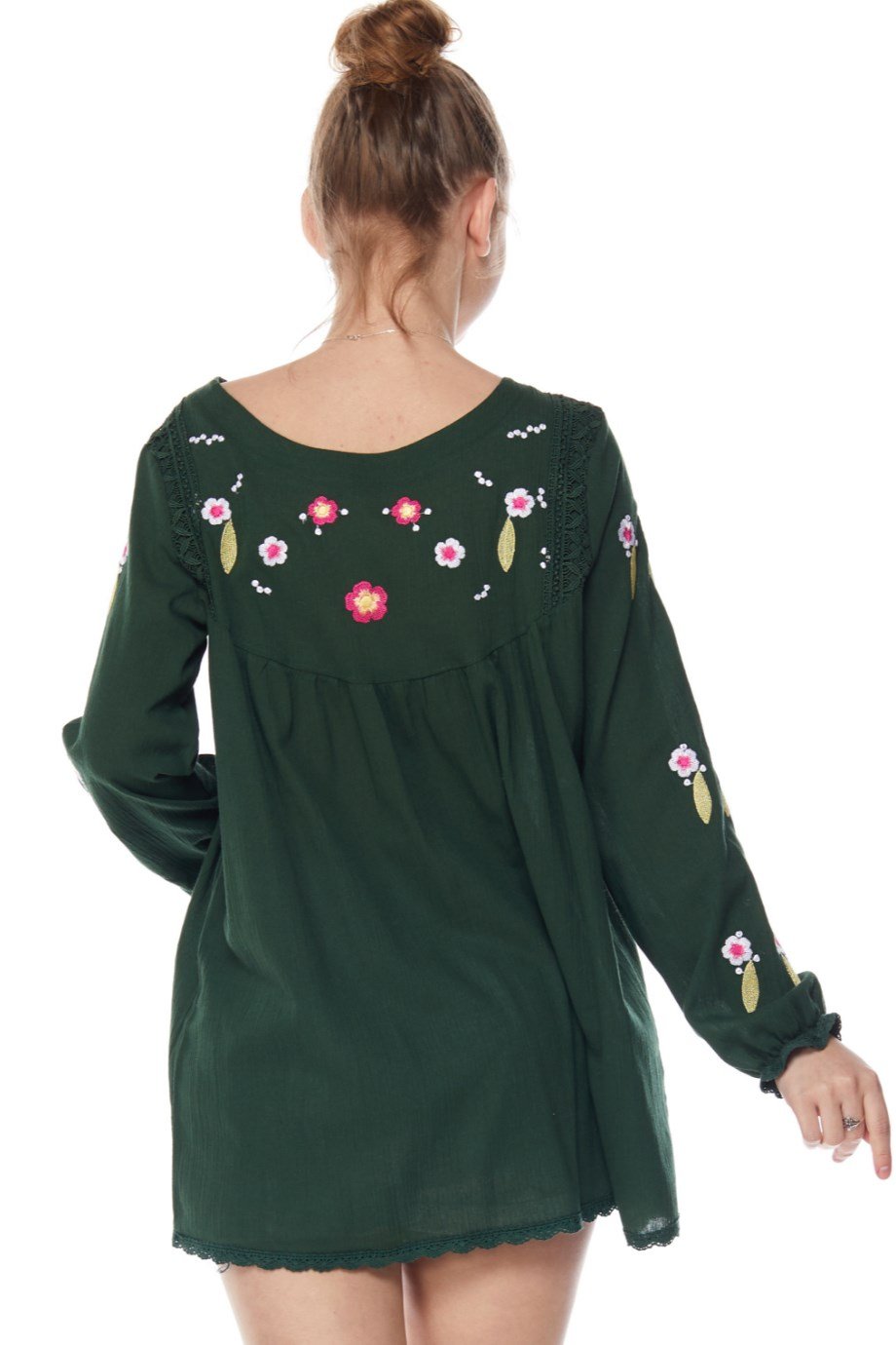 Şile Bezi Uzun Kol Yeşil Nakışlı Bluz