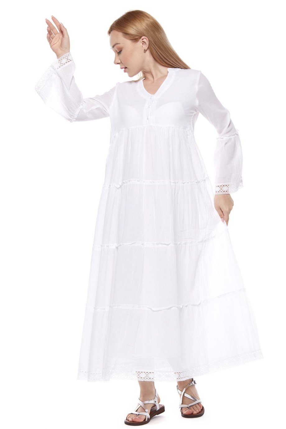 Şile Bezi Uzun Kollu Beyaz Düğmeli Elbise