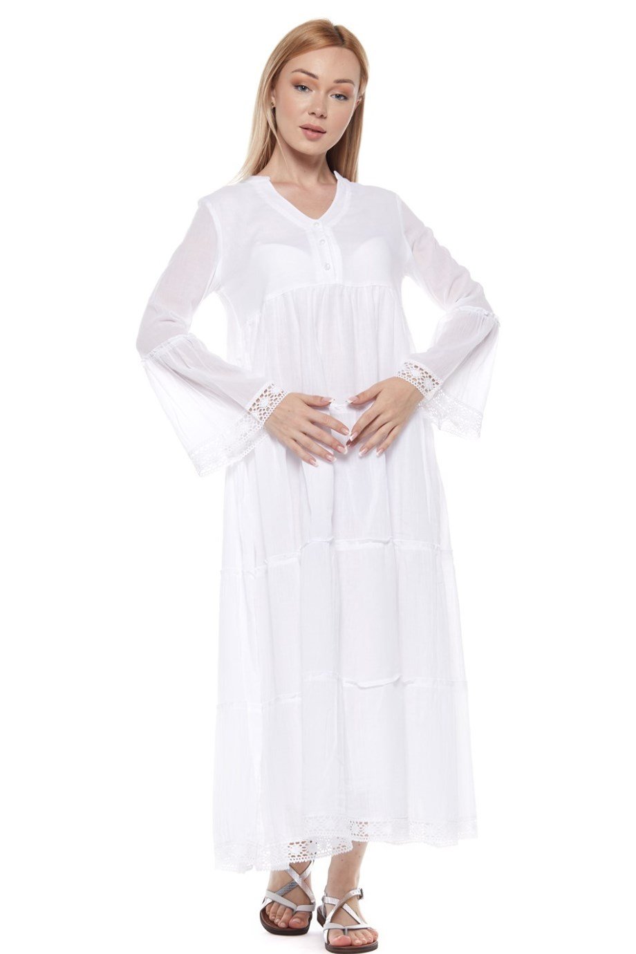 Şile Bezi Uzun Kollu Beyaz Düğmeli Elbise