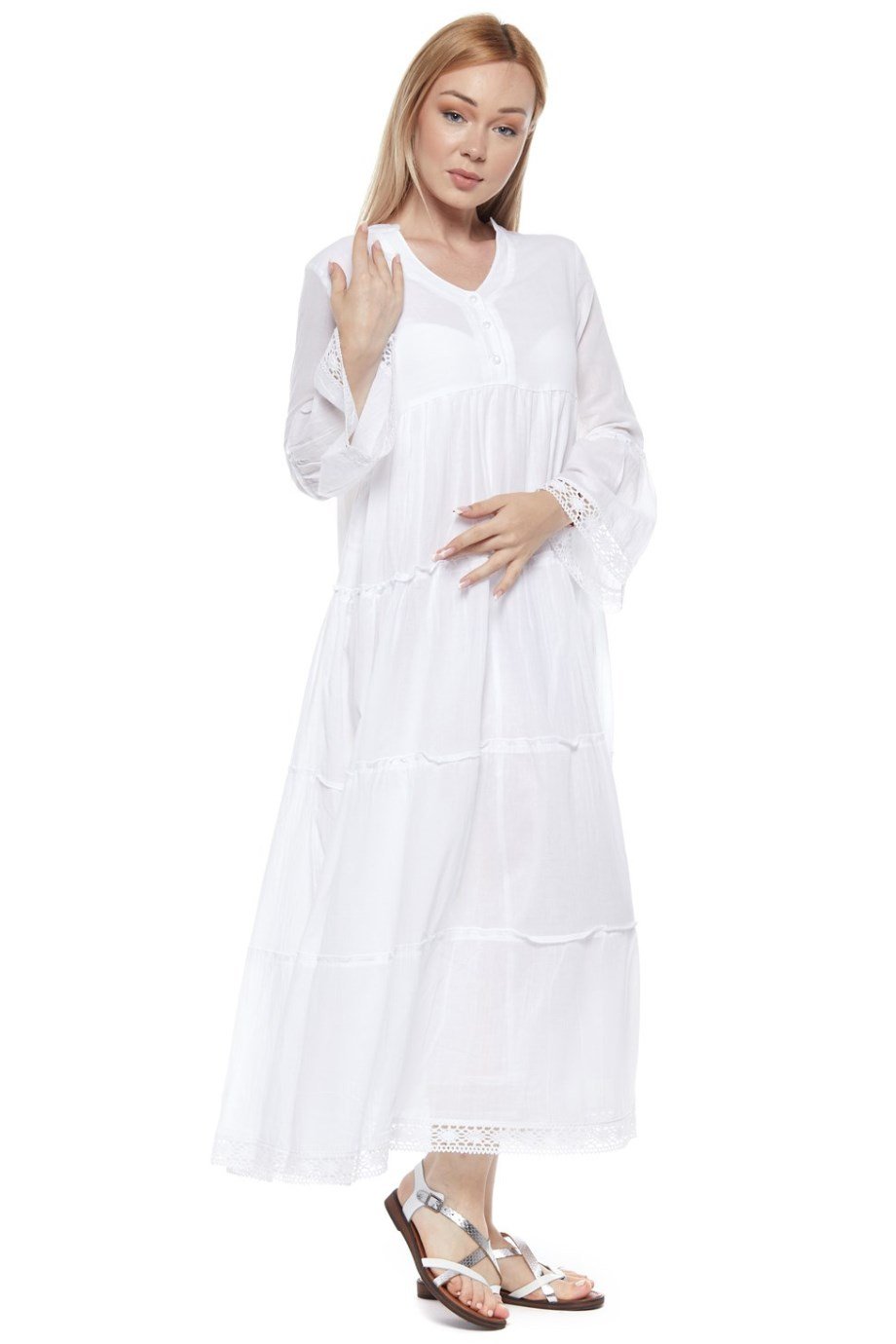 Şile Bezi Uzun Kollu Beyaz Düğmeli Elbise