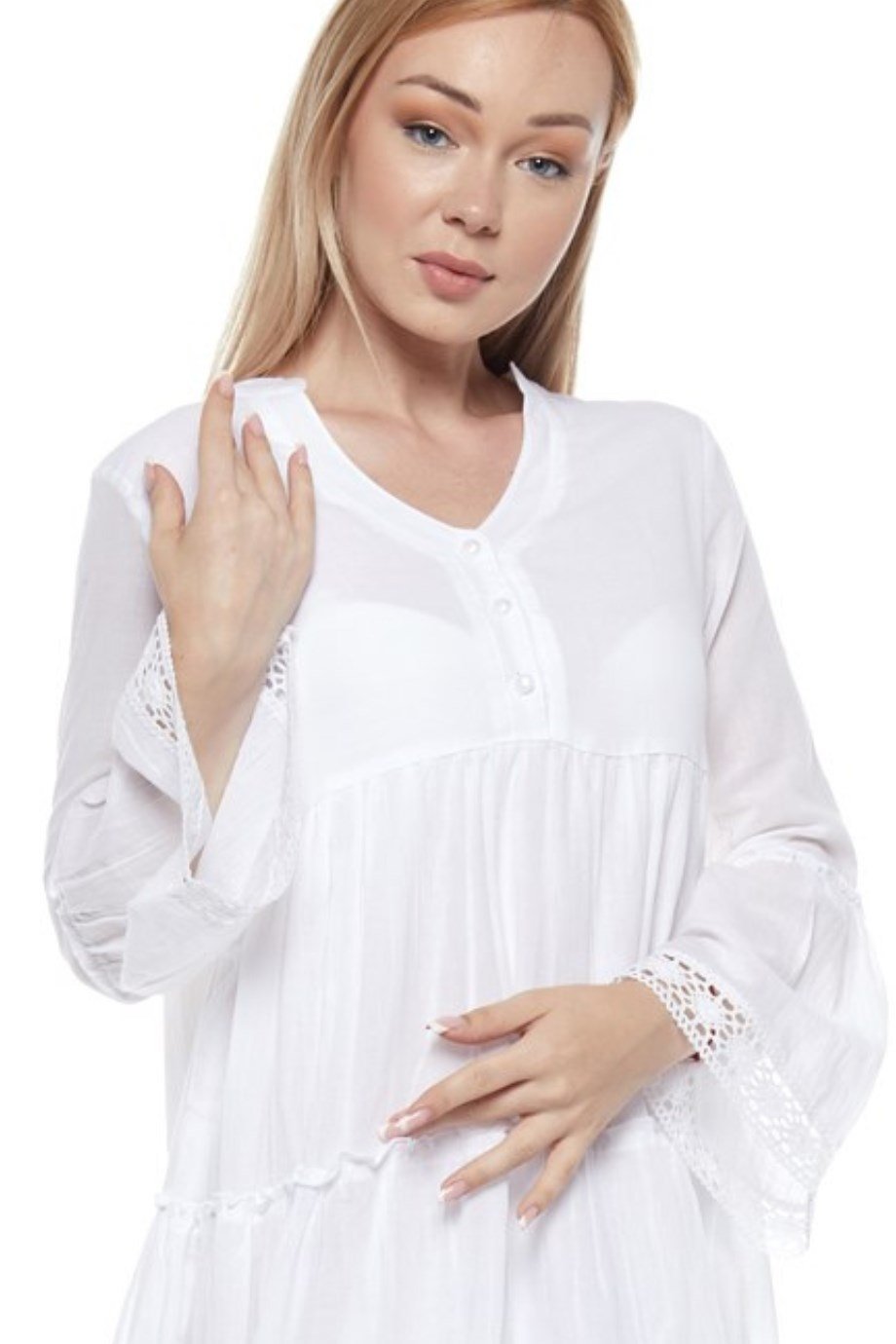 Şile Bezi Uzun Kollu Beyaz Düğmeli Elbise