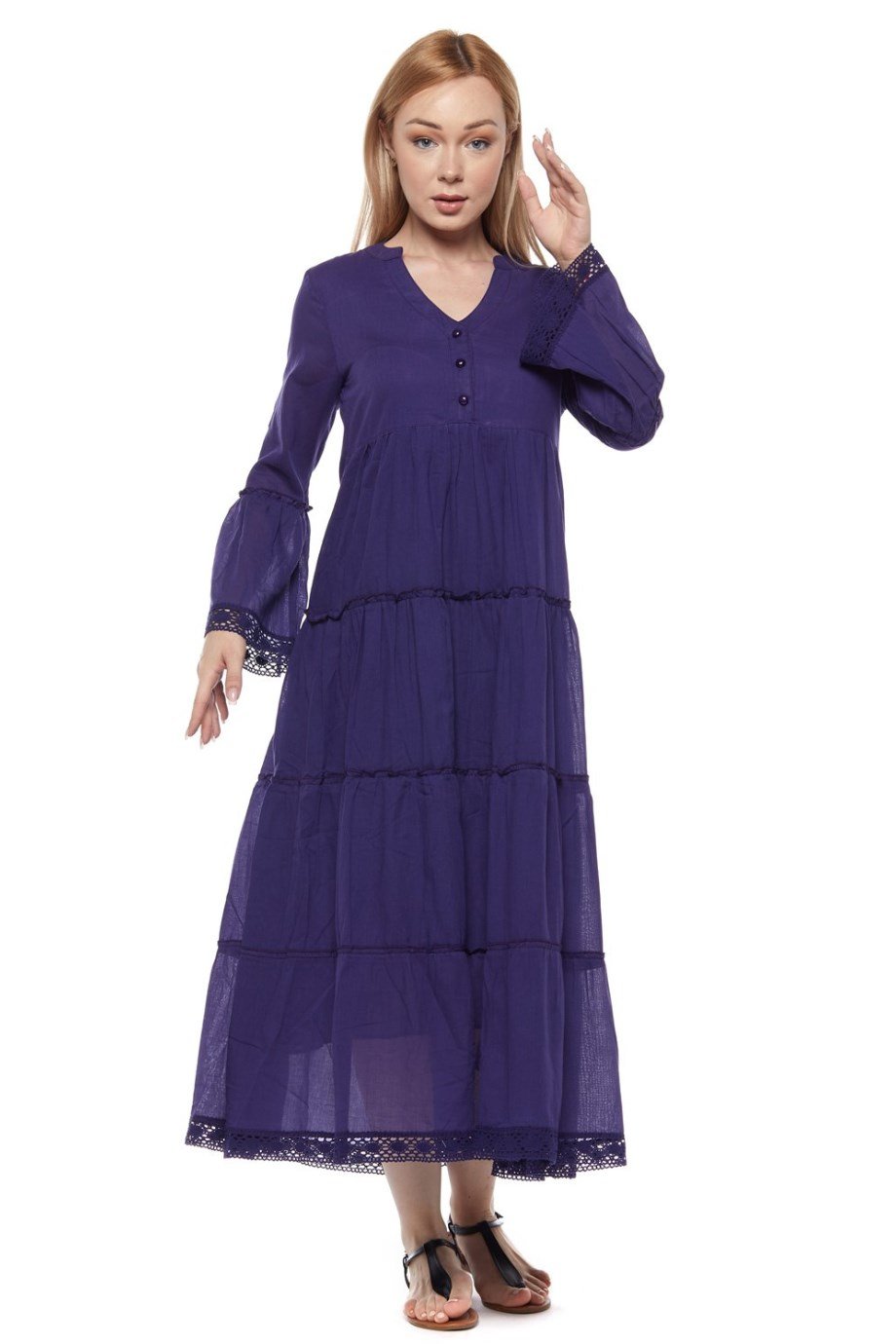 Şile Bezi Uzun Kollu Mor Düğmeli Elbise