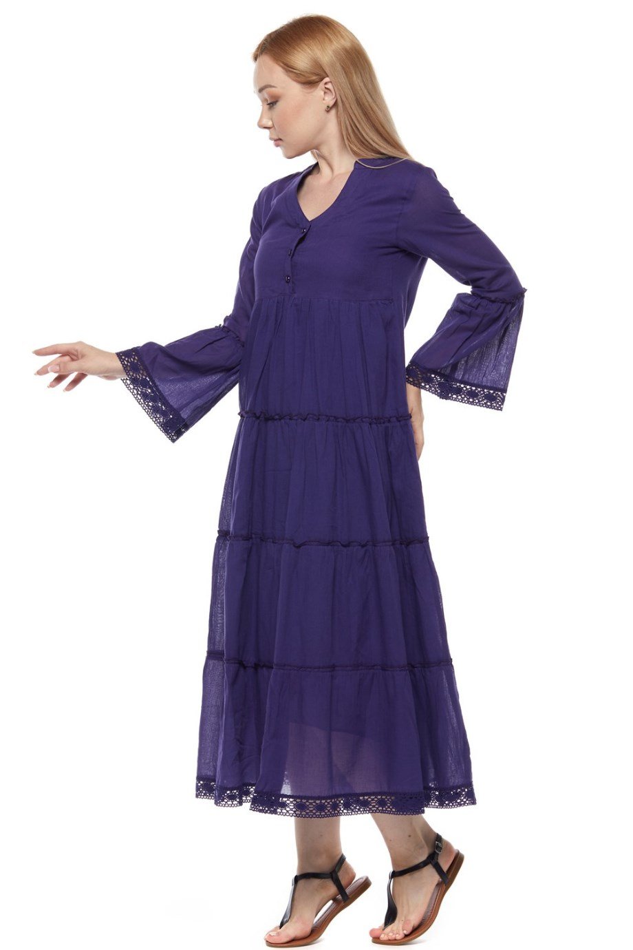 Şile Bezi Uzun Kollu Mor Düğmeli Elbise