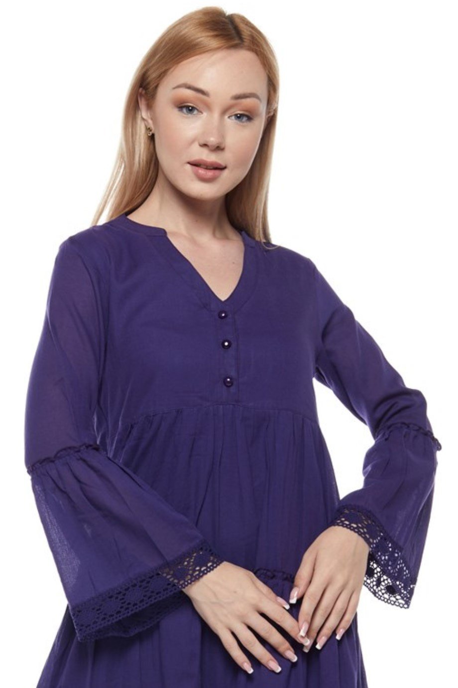 Şile Bezi Uzun Kollu Mor Düğmeli Elbise