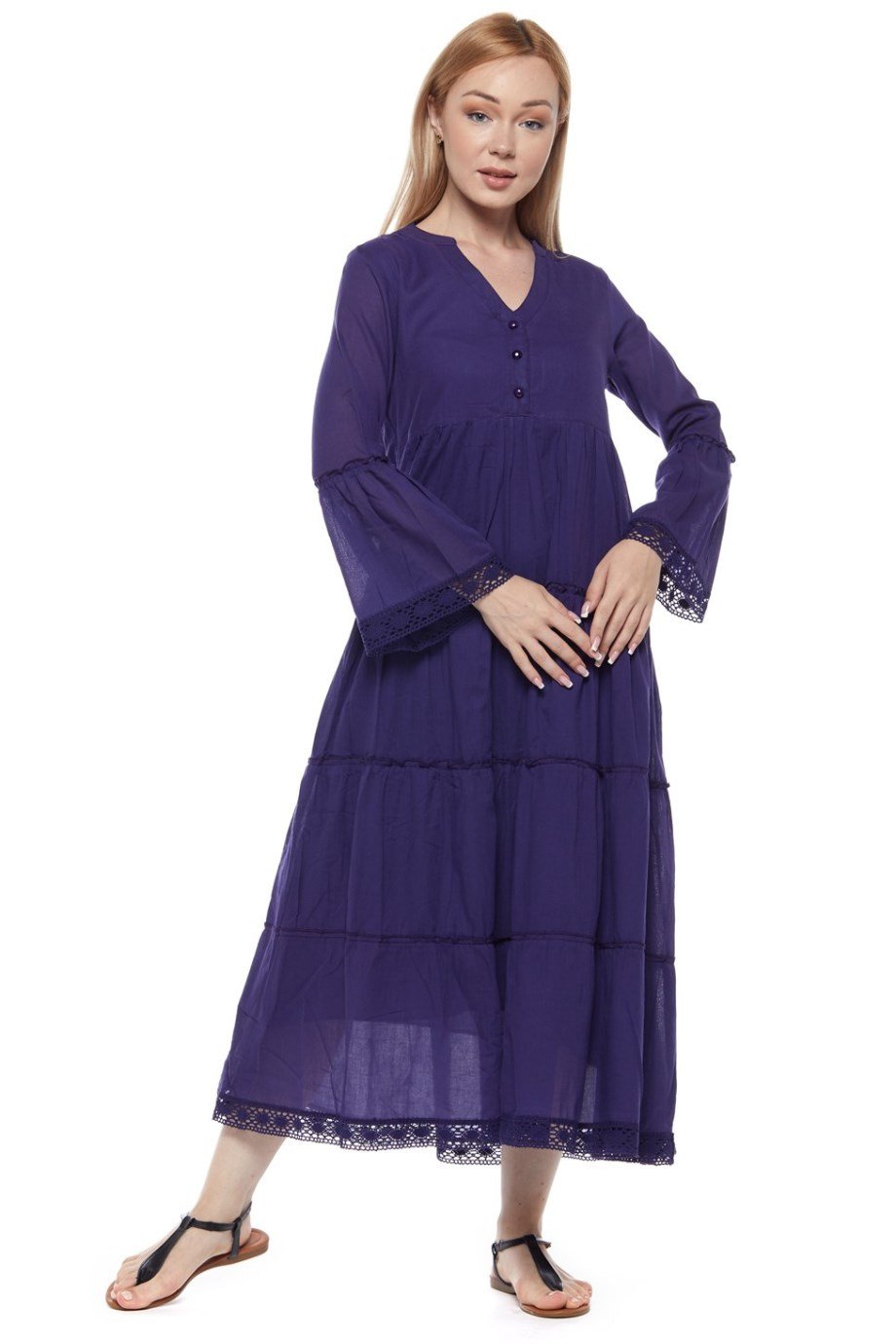 Şile Bezi Uzun Kollu Mor Düğmeli Elbise