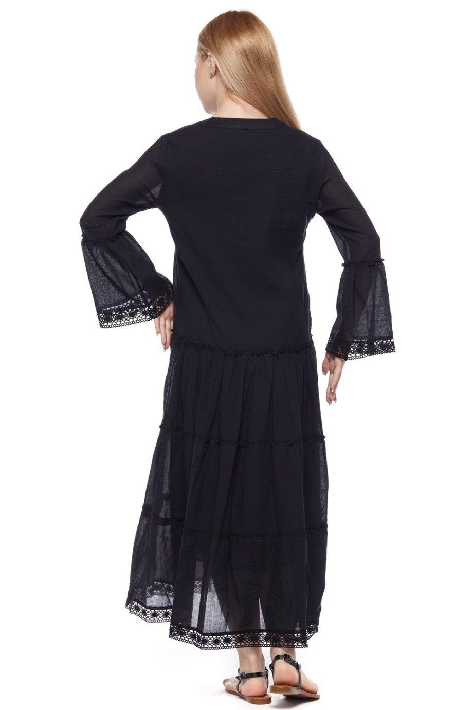 Şile Bezi Uzun Kollu Siyah Düğmeli Elbise