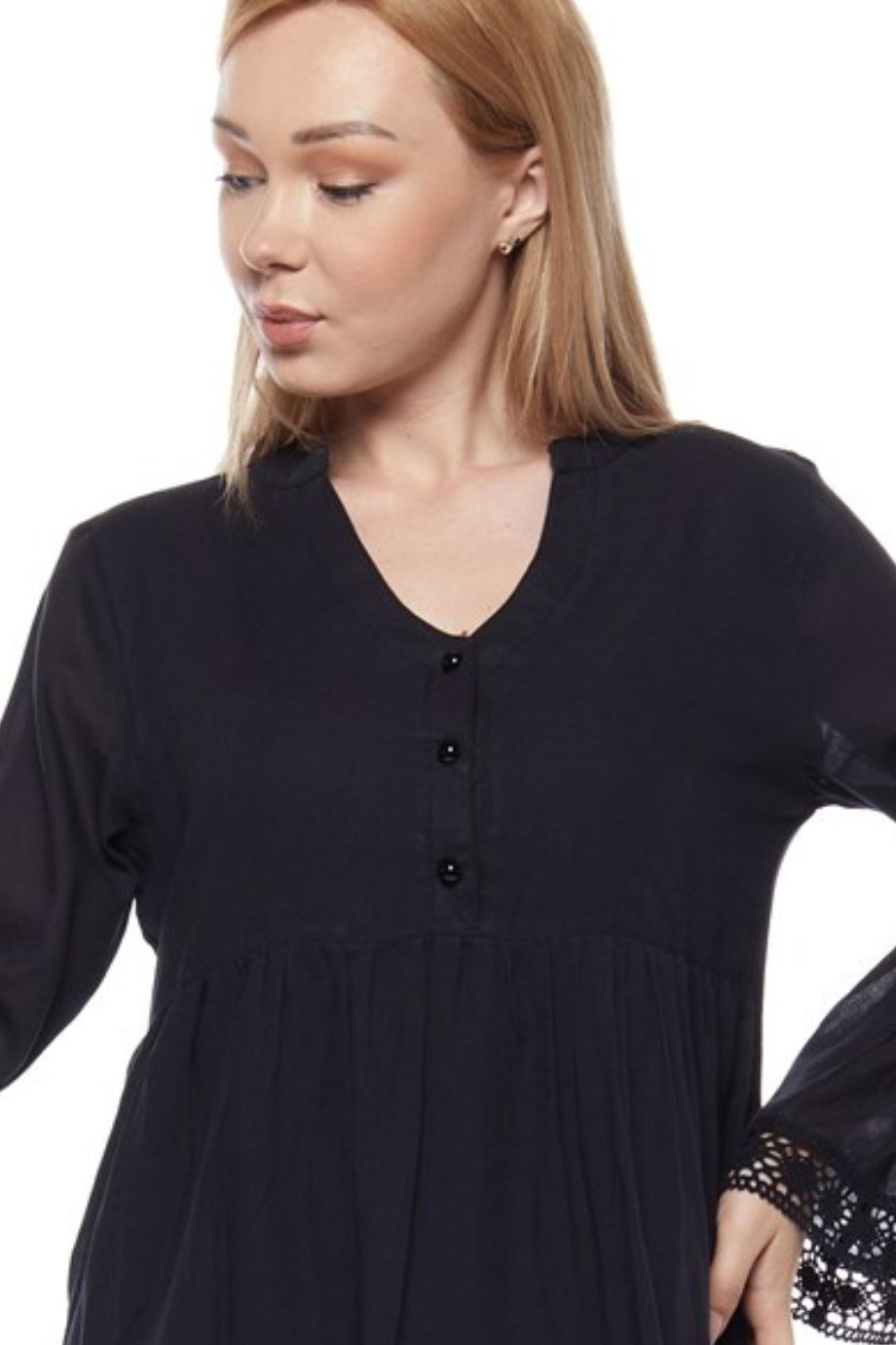 Şile Bezi Uzun Kollu Siyah Düğmeli Elbise