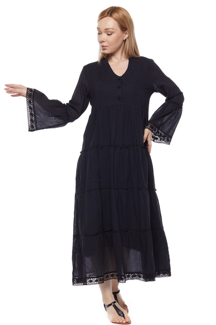 Şile Bezi Uzun Kollu Siyah Düğmeli Elbise