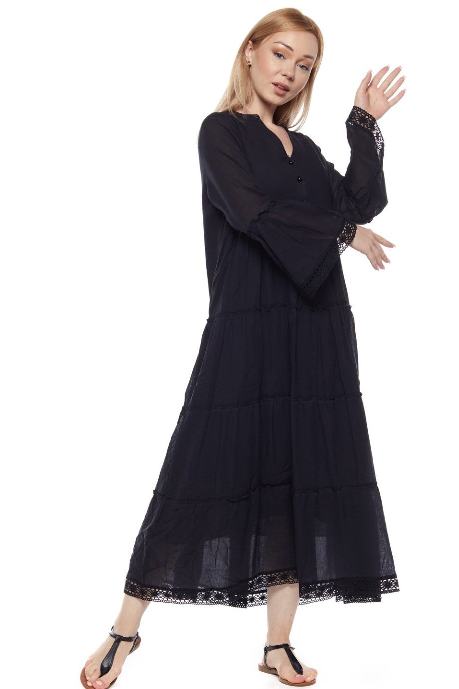 Şile Bezi Uzun Kollu Siyah Düğmeli Elbise