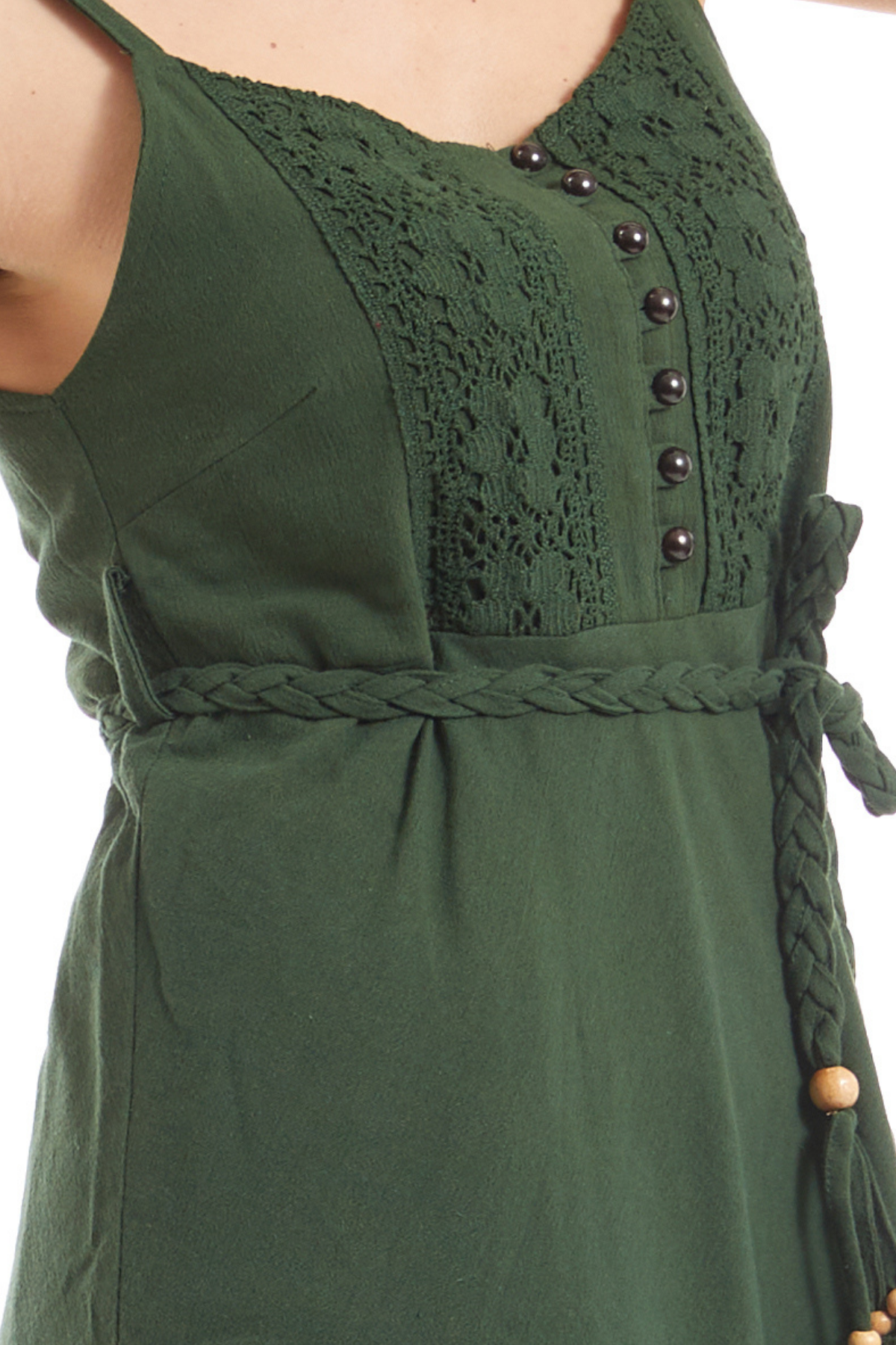 Şile Bezi Yeşil Askılı Kemerli Elbise