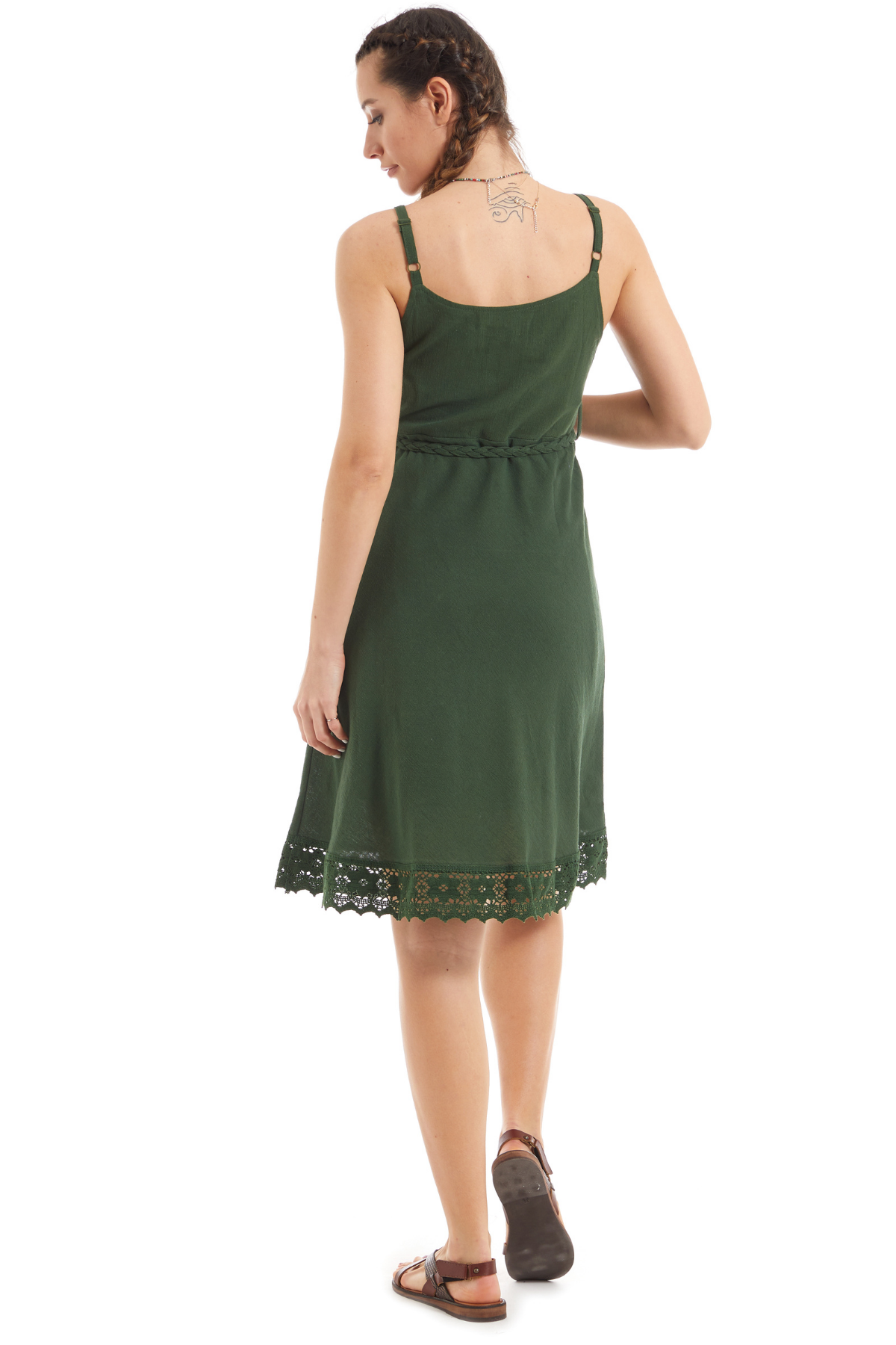 Şile Bezi Yeşil Askılı Kemerli Elbise