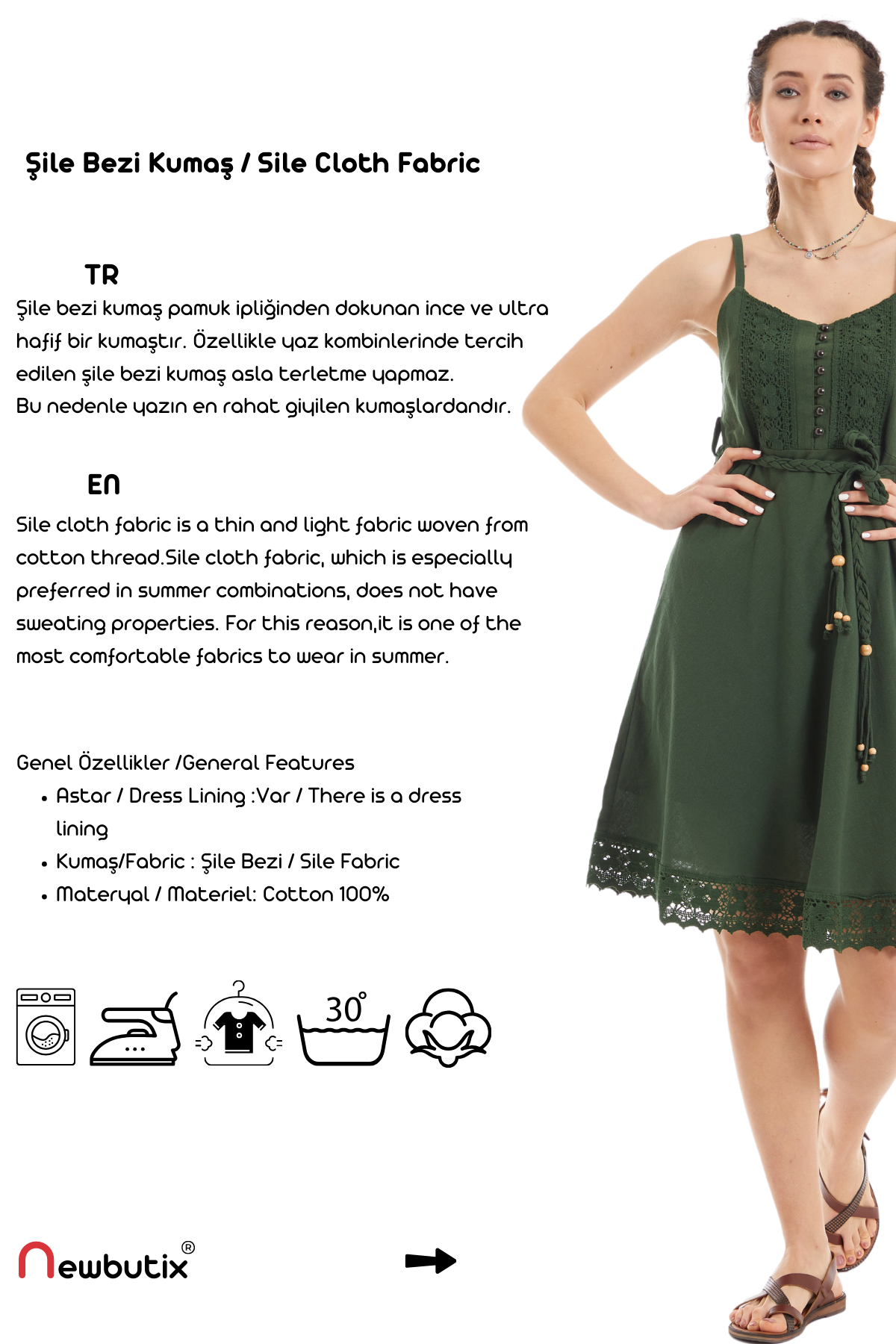 Şile Bezi Yeşil Askılı Kemerli Elbise