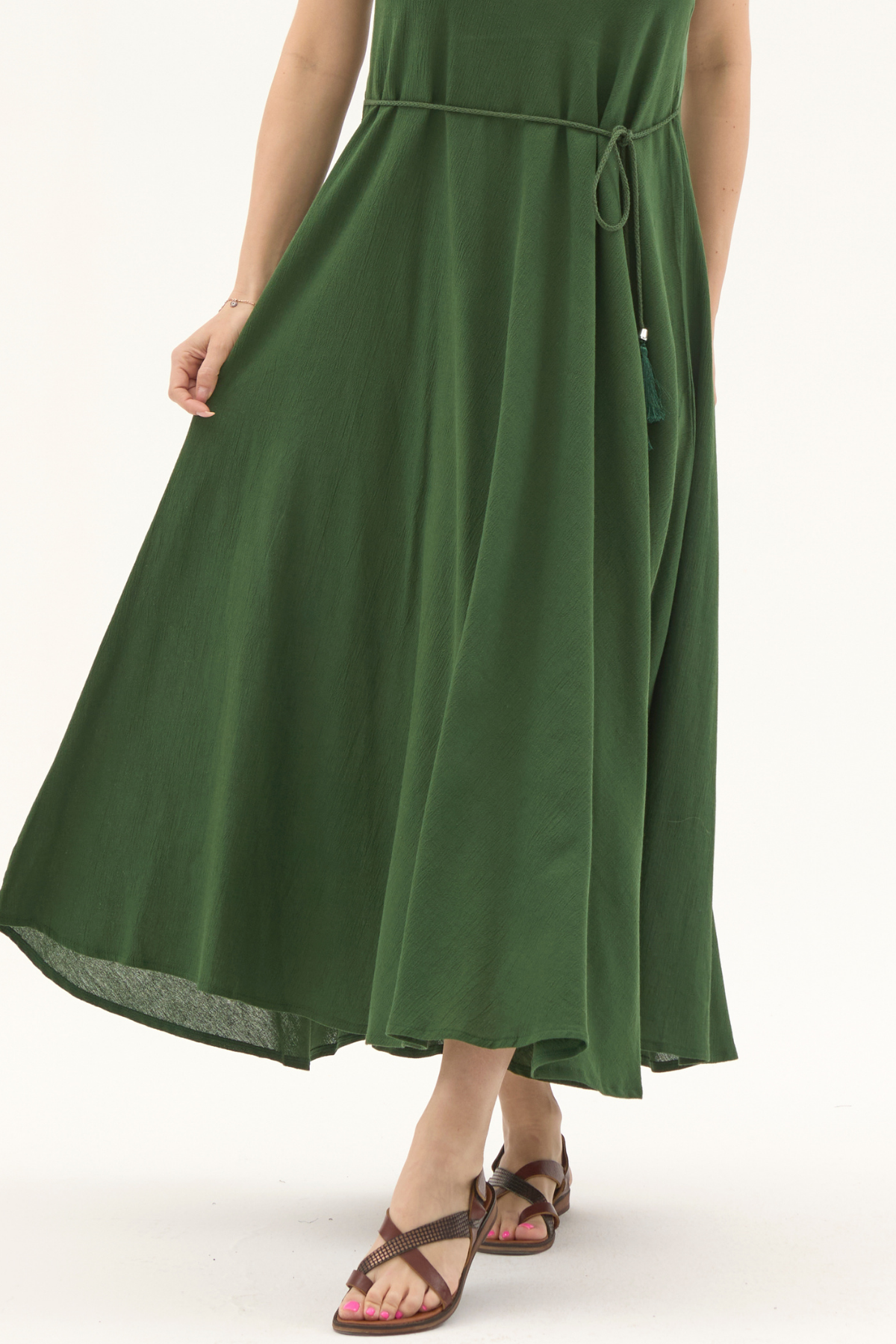 Şile Bezi Yeşil Askılı Uzun Yazlık Elbise