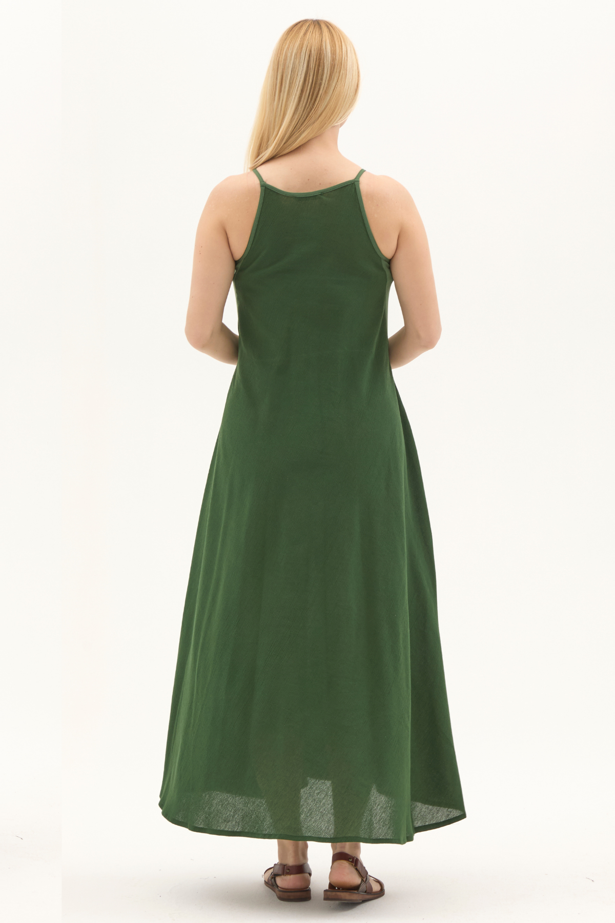 Şile Bezi Yeşil Askılı Uzun Yazlık Elbise
