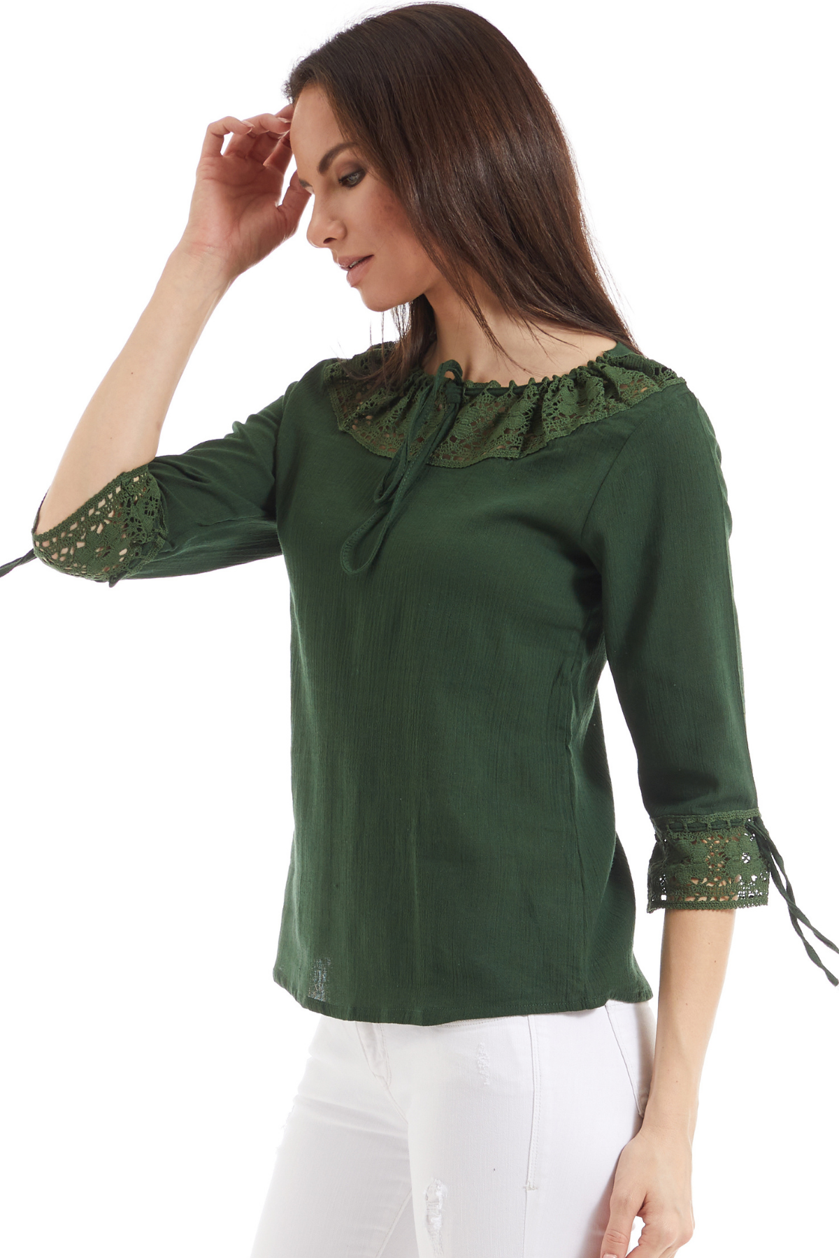 Şile Bezi Yeşil Dantel Yaka Yarım Kol  Bluz