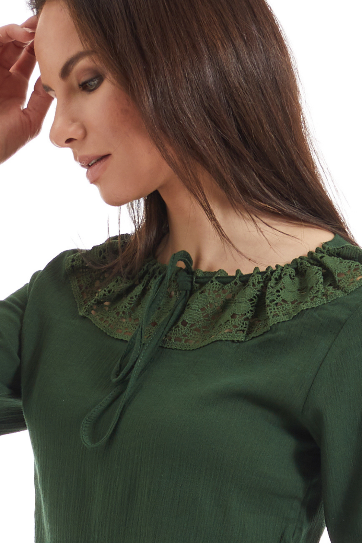 Şile Bezi Yeşil Dantel Yaka Yarım Kol  Bluz